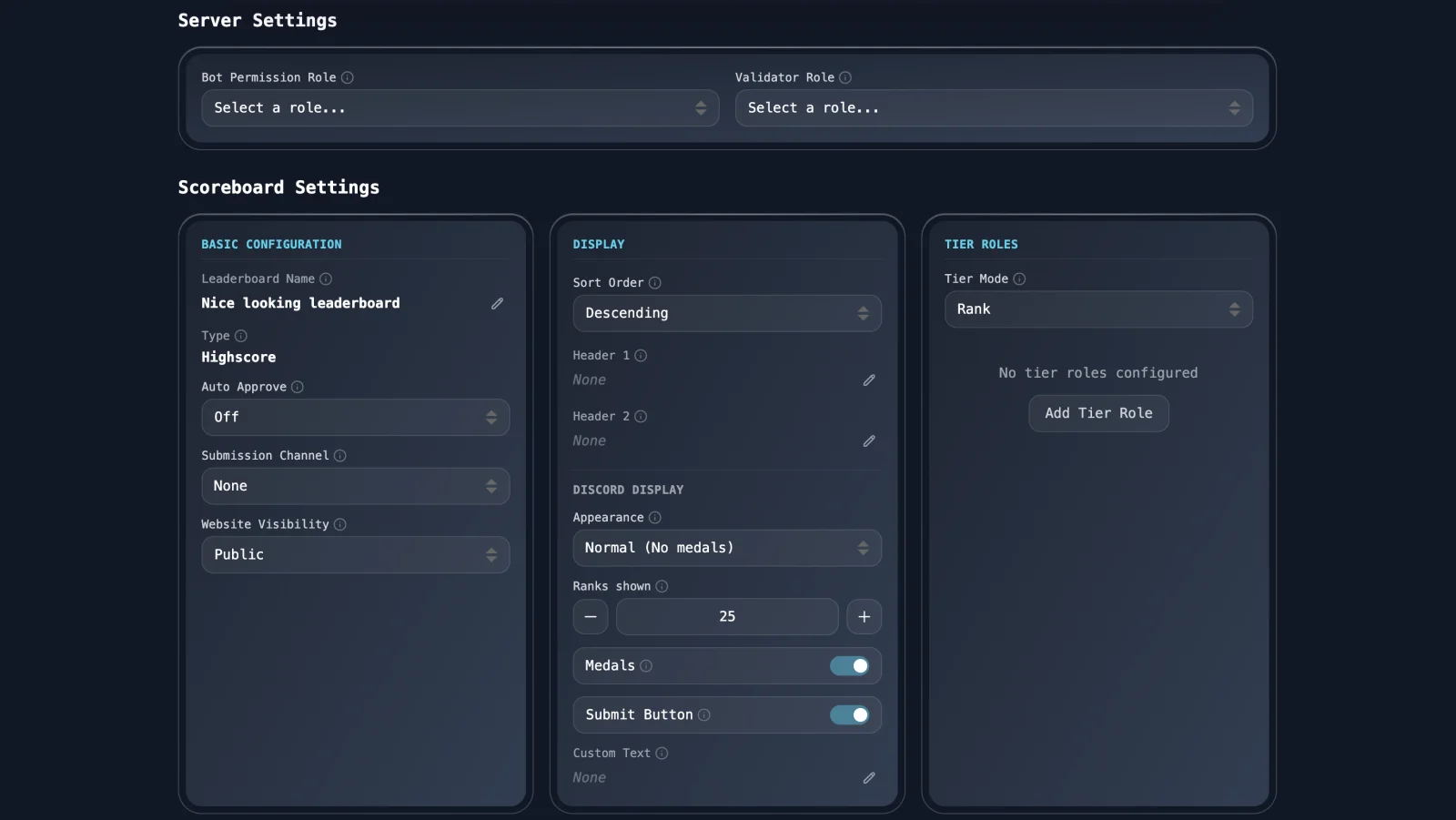 Discord leaderboard bot configuration — set up scoreboard name, type, sort order, tier roles, and display options