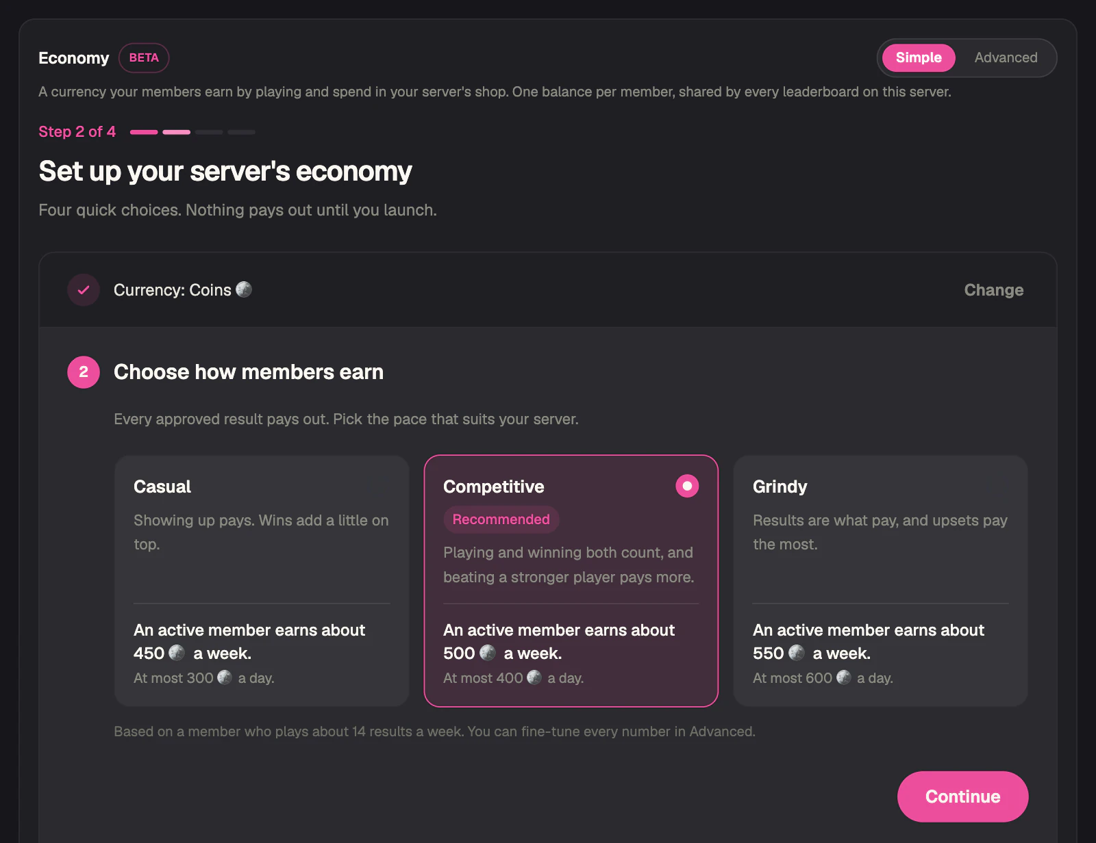 Einrichtung der Währung im Modus Einfach im Scoreboards-Dashboard, Schritt 2 von 4: wählen, wie Mitglieder verdienen, mit den drei Tempo-Karten