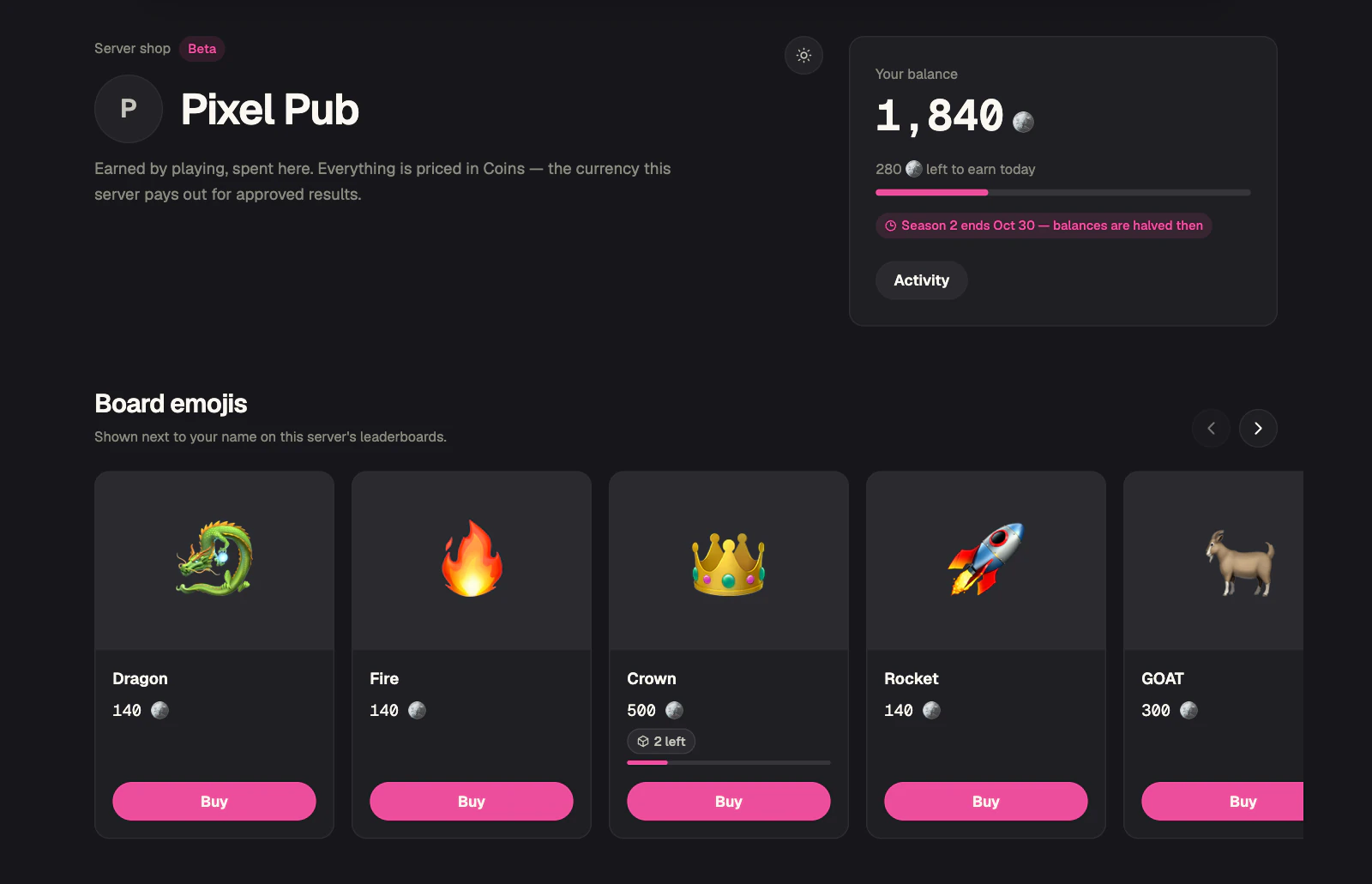 Server-Shop für Discord mit dem Guthaben eines Mitglieds und Board-Emojis zum Kauf, bepreist in der Server-Währung